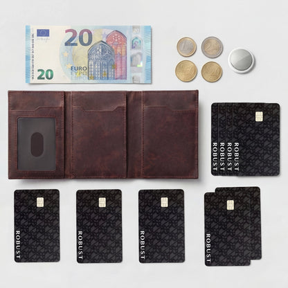 Robust leather wallet with multiple card slots and a sleek design, shown open to display interior compartments.