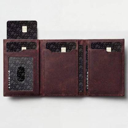 Robust leather wallet with multiple card slots and a sleek design, shown open to reveal organized compartments.