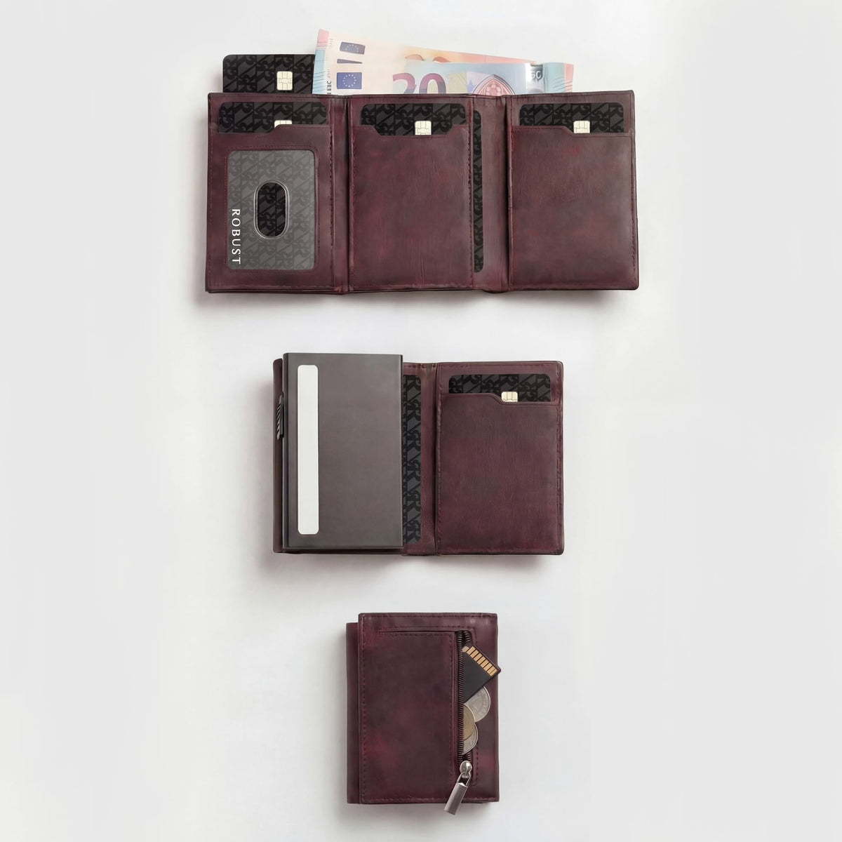 Robust leather wallet with multiple card slots and a sleek design, showcasing high-quality craftsmanship and smooth brown leather.