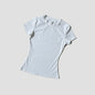 Navy women’s seamless yoga top by WAREBALL, short sleeve activewear shirt ideal for gym, running, and fitness activities.