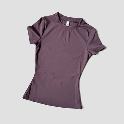 Women’s navy seamless yoga top by WAREBALL, short-sleeve fitness shirt ideal for gym, running, and active wear.