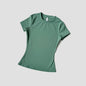 Navy women’s seamless yoga top by WAREBALL, short-sleeve activewear shirt for fitness, gym, running, and yoga workouts.