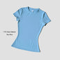 Navy women’s seamless yoga top by WAREBALL, short sleeve fitness shirt for gym, running, and active wear.