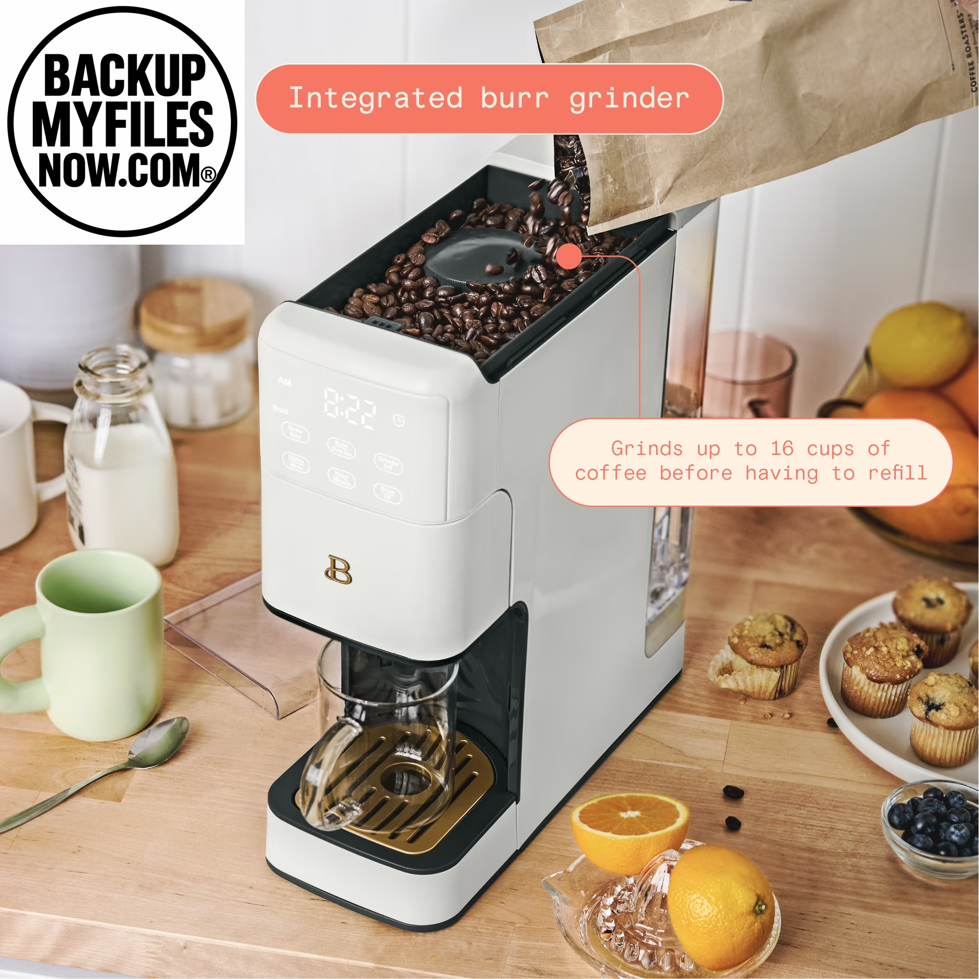 Beautiful Perfect Grind™ Programmable Single Serve Coffee Maker with Build-In Grinder, White Icing by Drew Barrymore