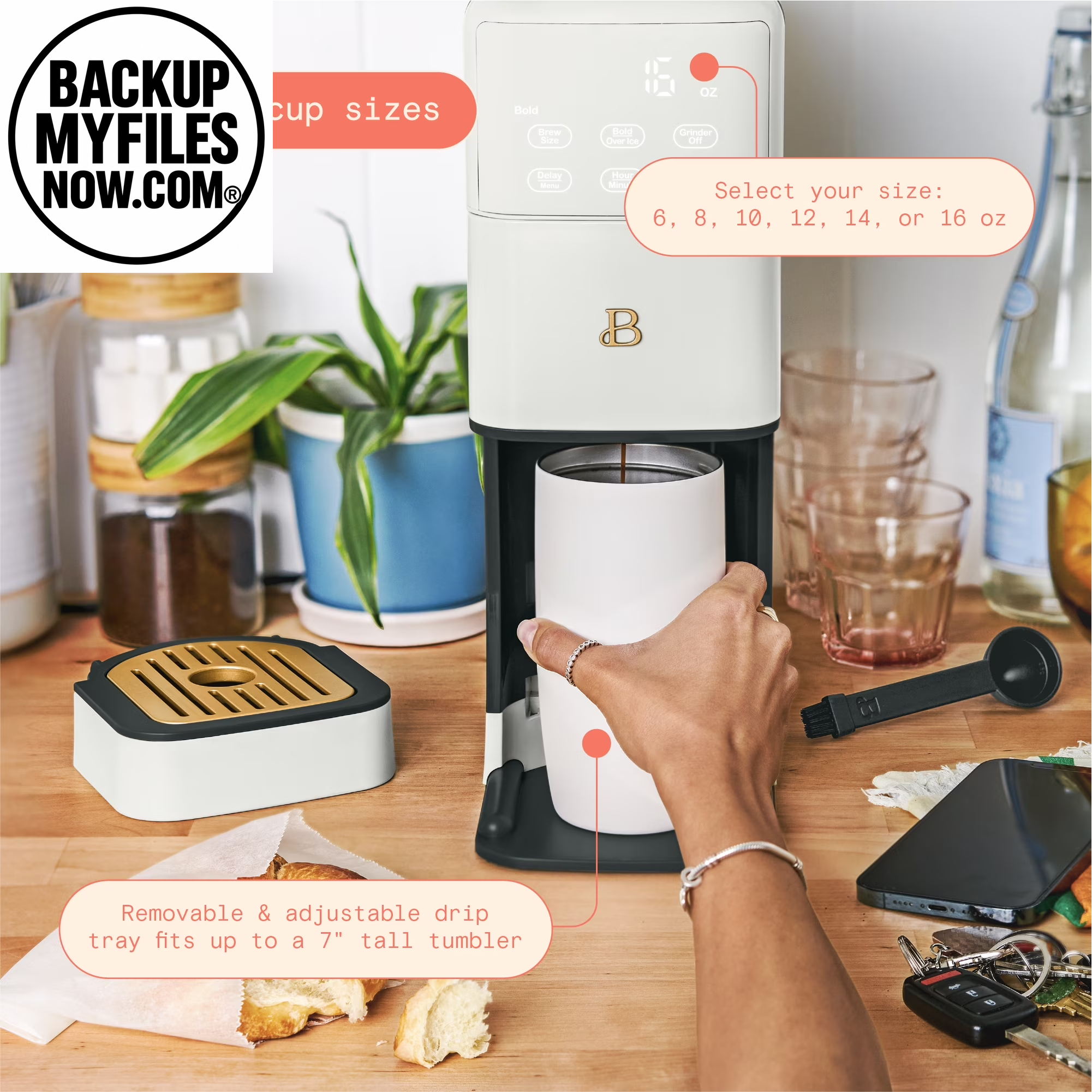 Beautiful Perfect Grind™ Programmable Single Serve Coffee Maker with Build-In Grinder, White Icing by Drew Barrymore