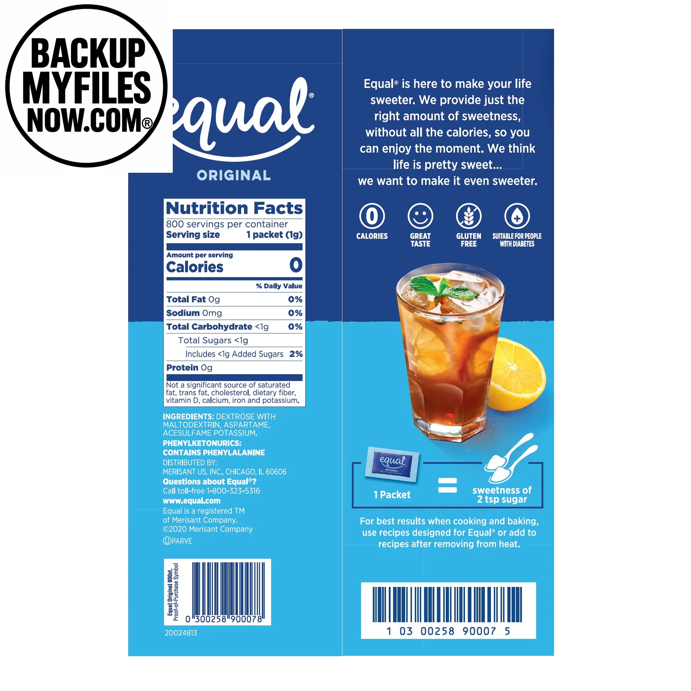 EQUAL Zero Calorie Sweetener, Sugar Substitute, 800 Packets