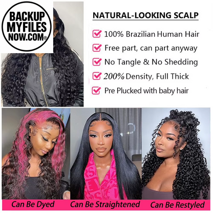 Moxika human hair deep wave lace front wig with 13x4 and 13x6 frontal, 200 density curly lace wig showcasing watermarked hair.