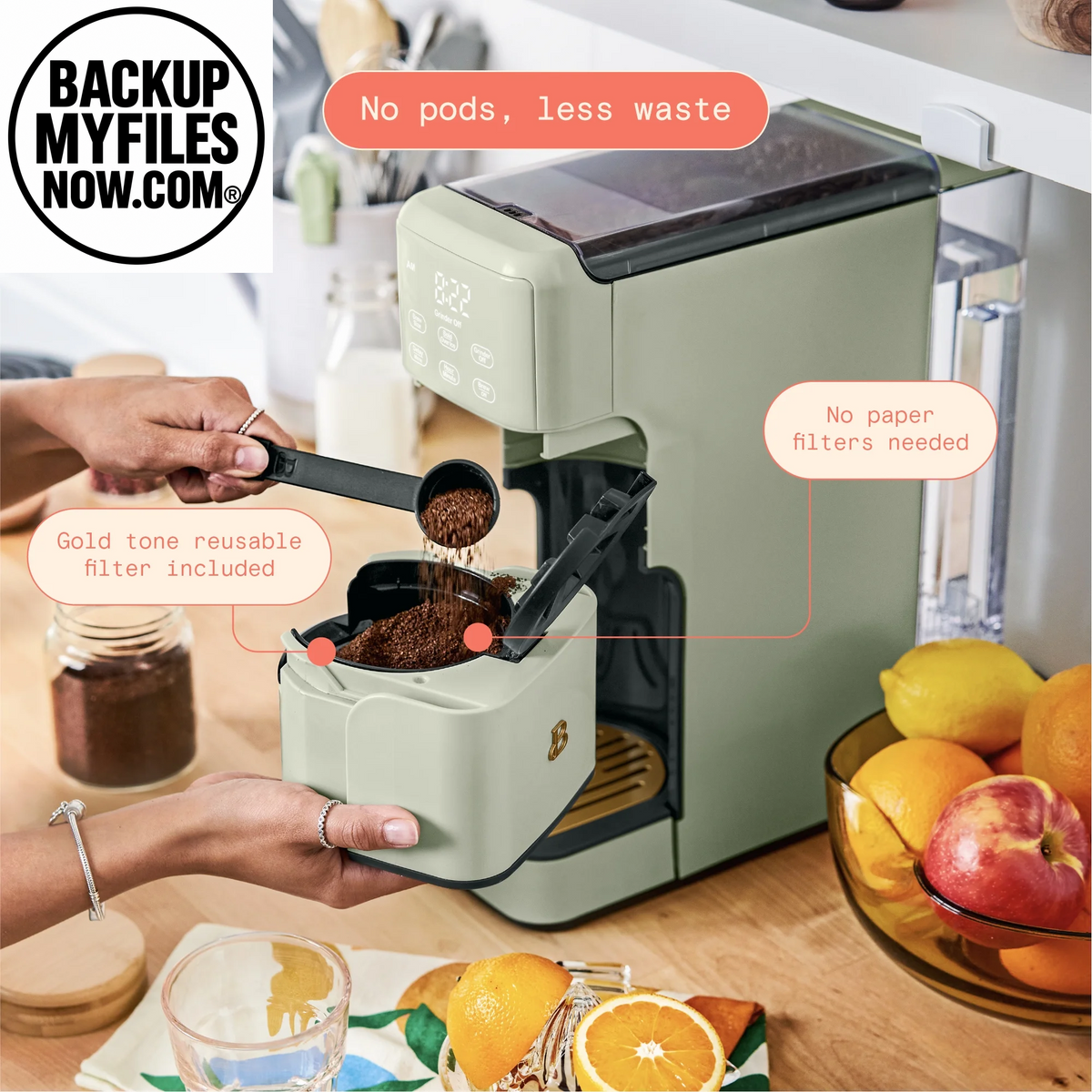 Beautiful Perfect Grind™ programmable single serve coffee maker in sage green with watermarked logo, designed for easy brewing.