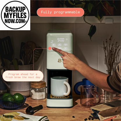 Beautiful Perfect Grind™ Sage Green programmable single-serve coffee maker with watermarked branding and modern design.