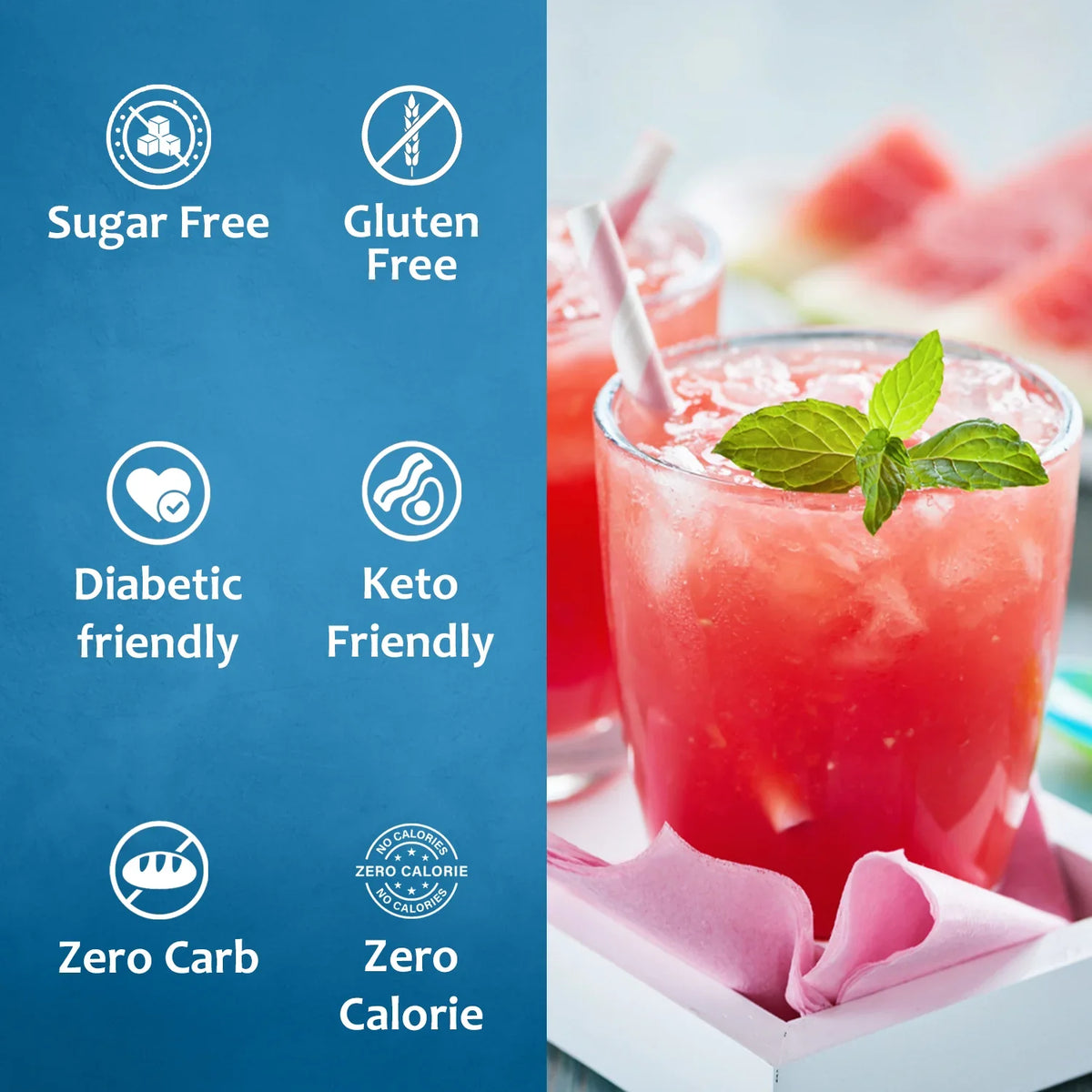 Bottle of Syruvia sugar-free watermelon syrup with fresh watermelon slices and a glass of flavored beverage.