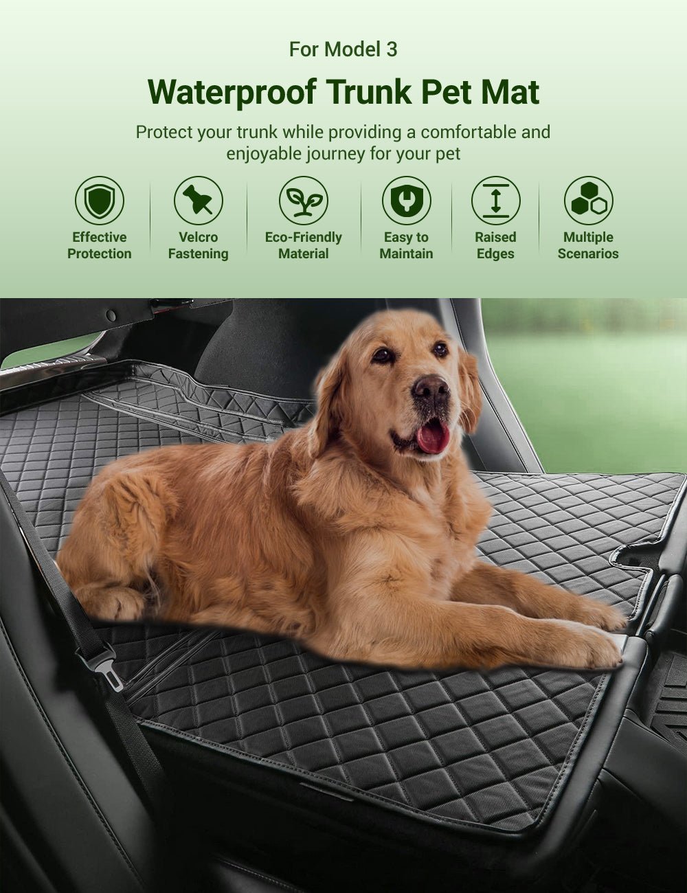 Waterproof pet trunk mat for Tesla Model 3, durable pet supplies by Tesery Official Store, showing the mat installed in the trunk.