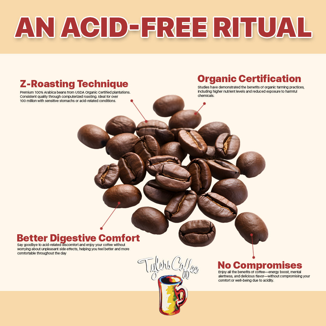 Smooth brewed regular acid-free ground coffee by Tylers Coffees, showcasing rich color and fresh ground beans in a natural setting.