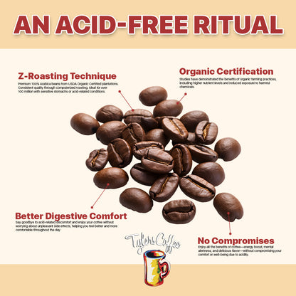 Smooth brewed regular acid-free ground coffee by Tylers Coffees, showcasing rich color and fresh ground beans in a natural setting.