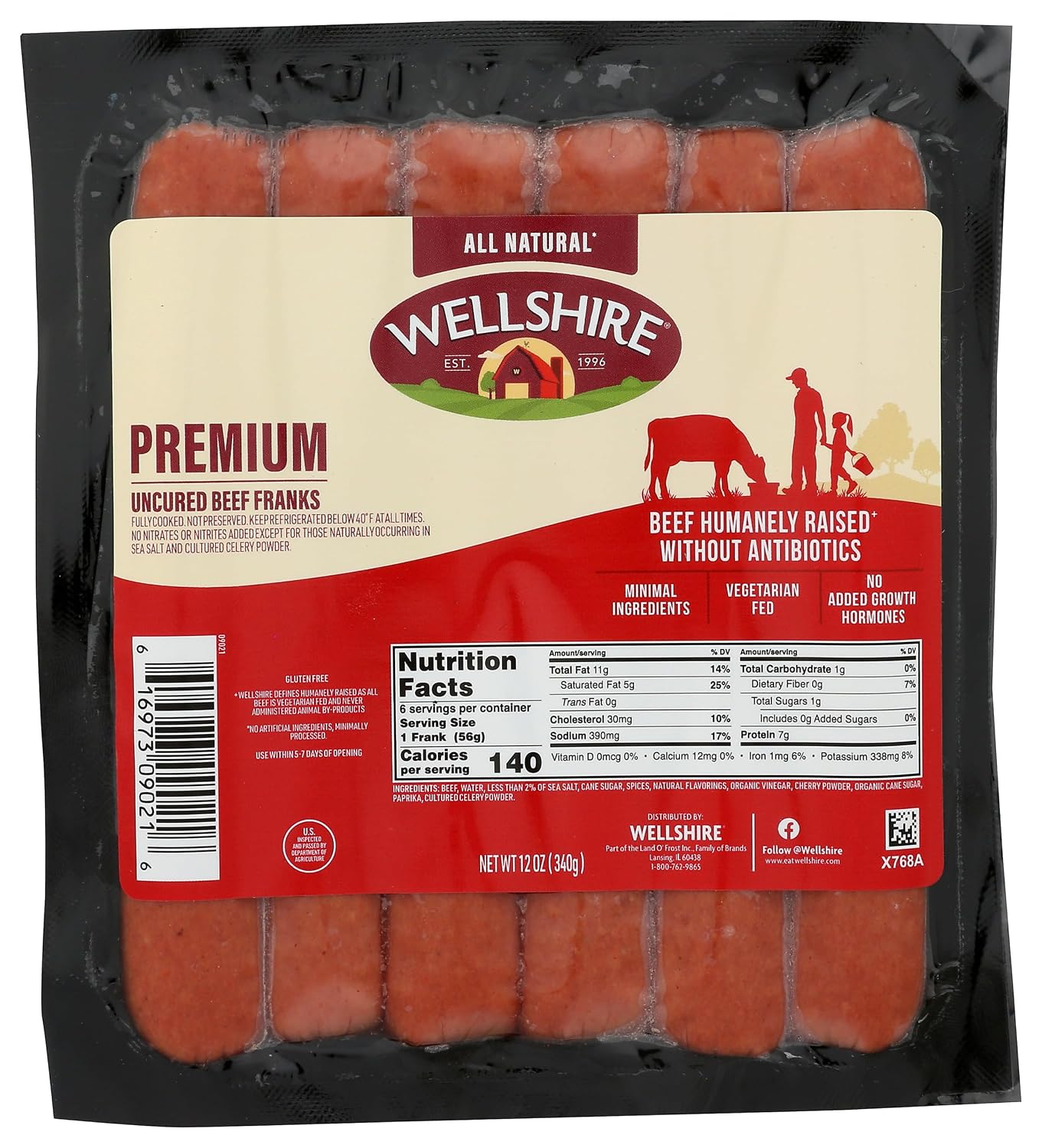 Wellshire Farms 12oz beef hot dogs, fully cooked all-natural frankfurters made without antibiotics, hormones, or artificial preservatives.