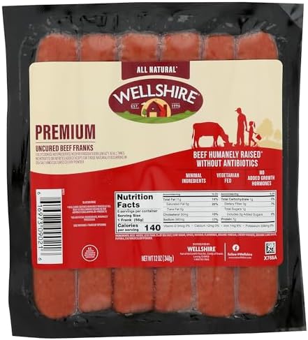 Wellshire Farms 12oz beef franks hot dogs, fully cooked, all-natural, free from antibiotics, hormones, animal by-products, and preservatives
