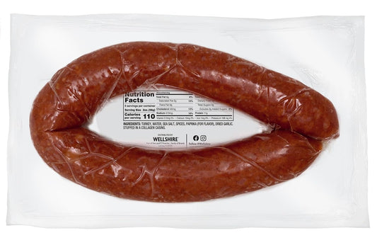 Smoked turkey kielbasa sausage from Wellshire Farms, 12-ounce package, with sliced pieces and natural casing visible in the image.