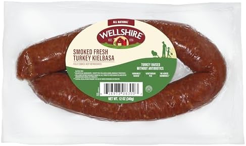 Smoked turkey sausage kielbasa by Wellshire Farms, 12-ounce package, showing the cooked sausage links with a crispy exterior.