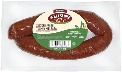 Smoked turkey sausage kielbasa by Wellshire Farms, 12-ounce package, showing the cooked sausage links with a crispy exterior.