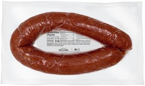 Smoked turkey sausage kielbasa from Wellshire Farms, 12-ounce package showing the sausage links ready for cooking or serving.