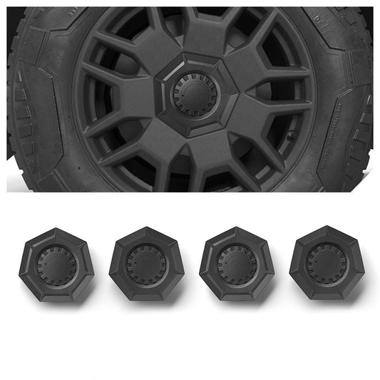 Set of four Tesla Cybertruck wheel center hub caps by Tesery Official Store, designed for stylish protection and a sleek look.