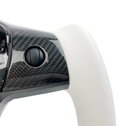 White leather yoke steering wheel for Tesla Model 3 and Y, style 7, featuring a sleek, modern design for enhanced driving experience.