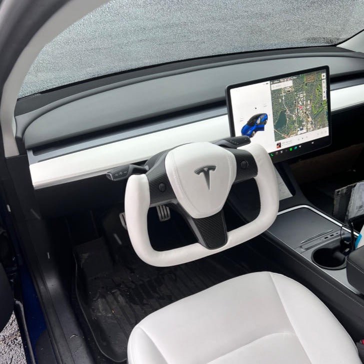 White leather yoke steering wheel for Tesla Model 3 and Y, Style 7, with sleek design and premium finish.
