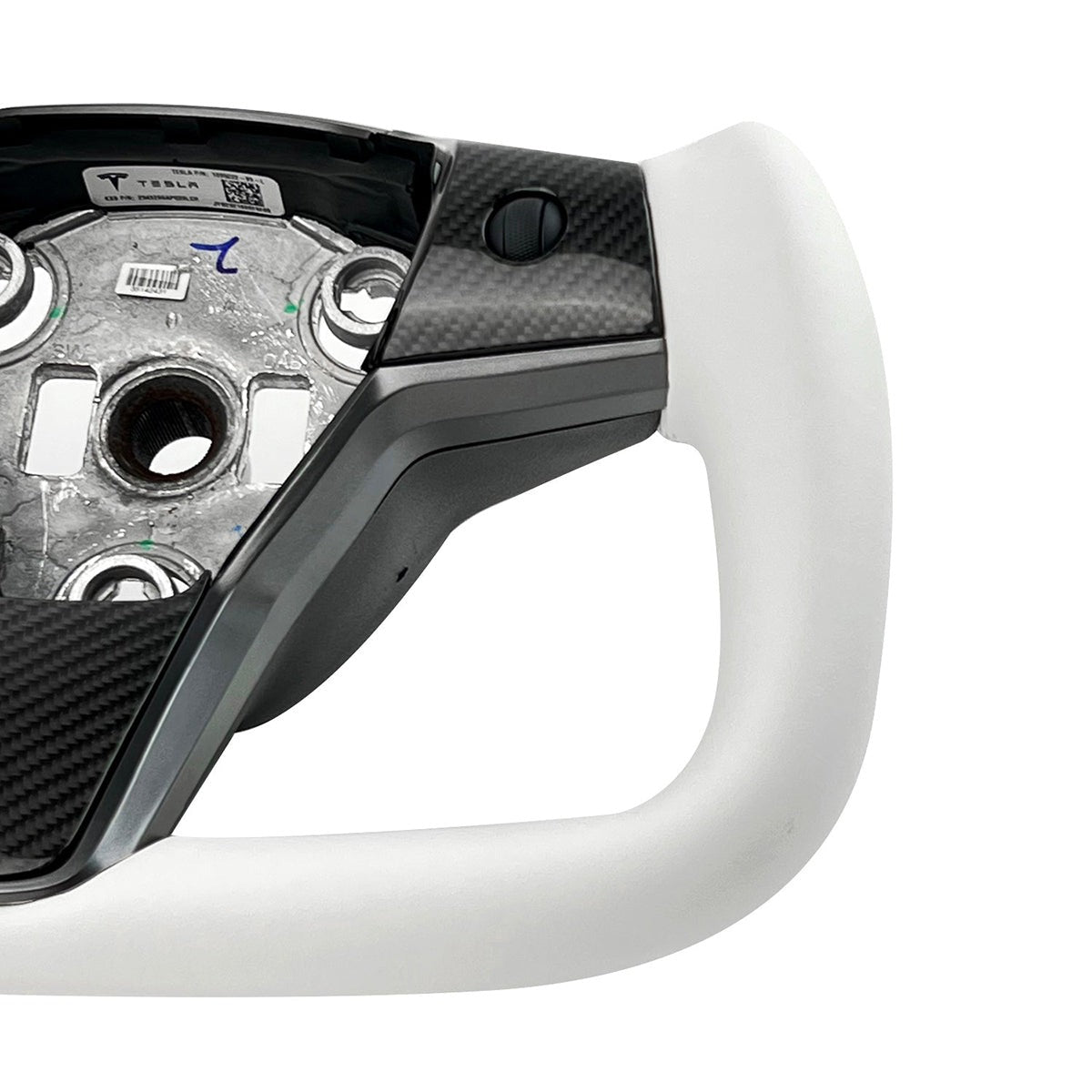 White leather yoke steering wheel for Tesla Model 3 and Y, stylish upgrade with a sleek, comfortable grip.