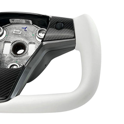 White leather yoke steering wheel for Tesla Model 3 and Y, stylish upgrade with a sleek, comfortable grip.