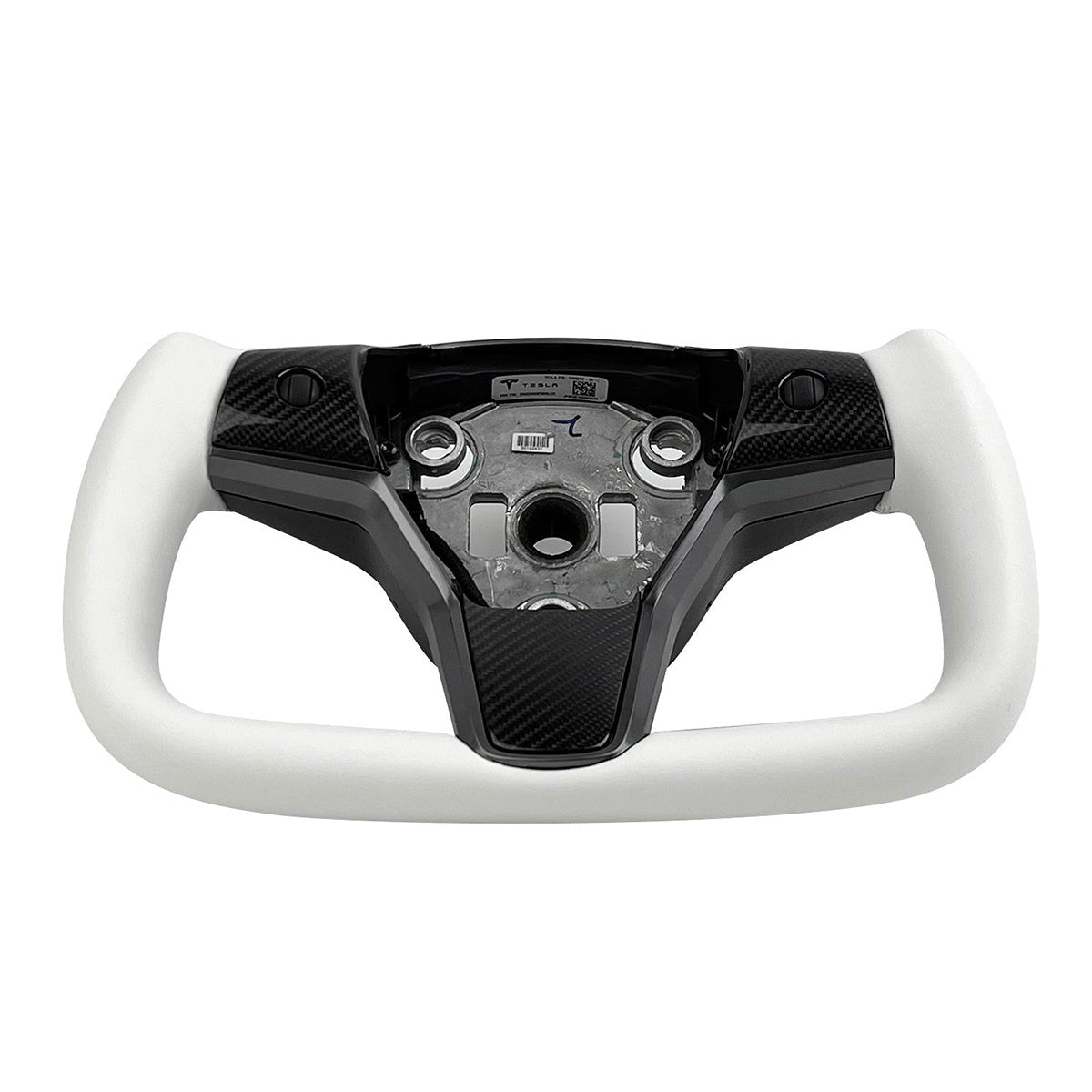 White leather yoke steering wheel for Tesla Model 3 and Y, Style 7, with sleek design and premium craftsmanship.