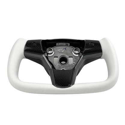 White leather yoke steering wheel for Tesla Model 3 and Y, Style 7, with sleek design and premium craftsmanship.