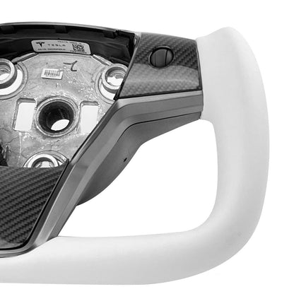 White leather yoke steering wheel for Tesla Model 3 and Y, style 7, with sleek design and premium finish.