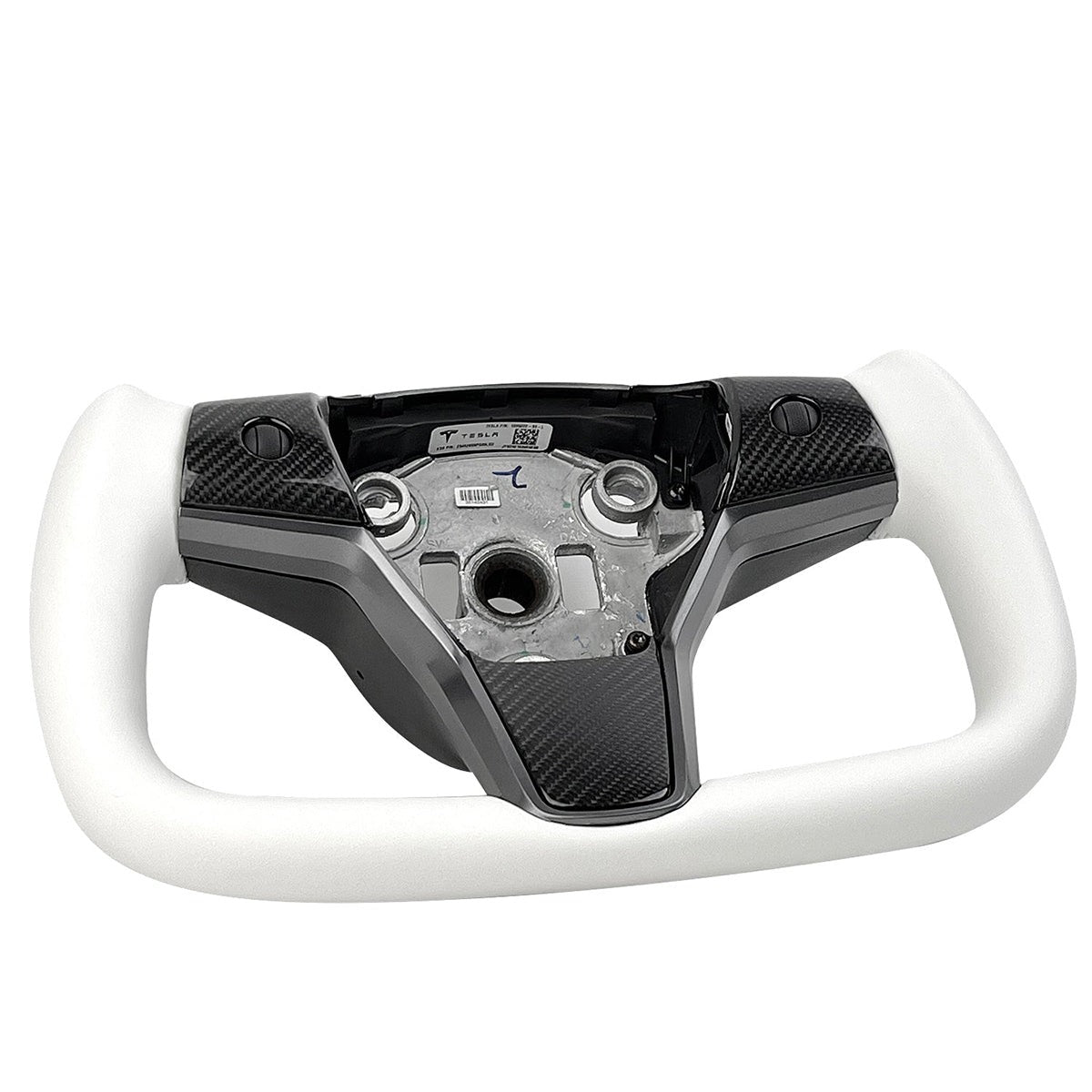 White leather yoke steering wheel for Tesla Model 3 and Y, style 7, with sleek design and premium craftsmanship.