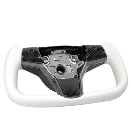 White leather yoke steering wheel for Tesla Model 3 and Y, style 7, with sleek design and premium craftsmanship.