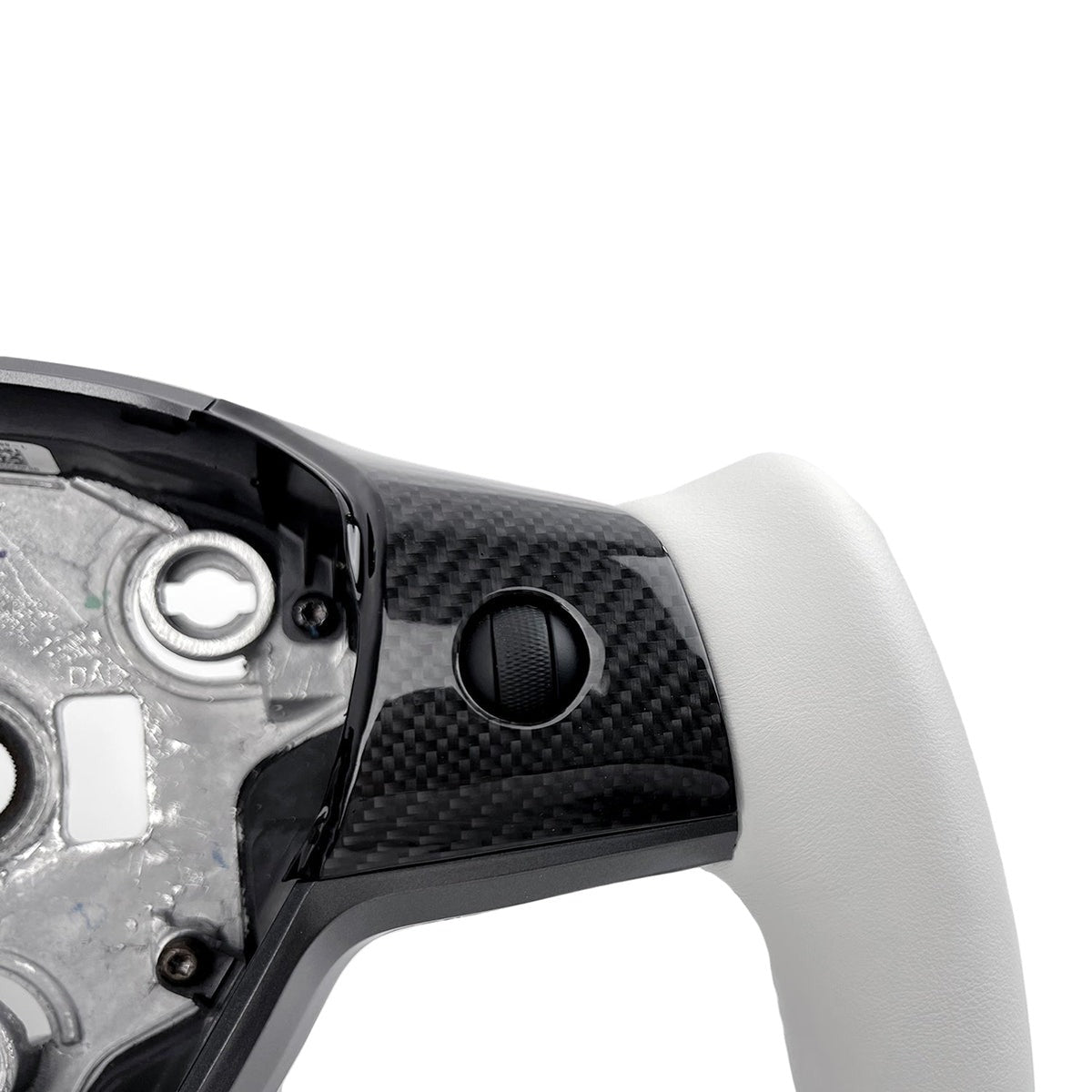 White leather yoke steering wheel for Tesla Model 3 and Y, style 7, with sleek design and premium craftsmanship.