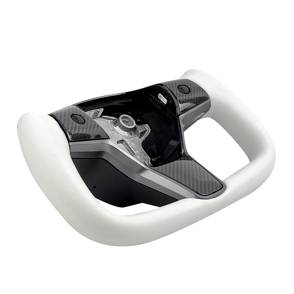 White leather yoke steering wheel for Tesla Model 3 Y, style 7, featuring a sleek design and premium craftsmanship.