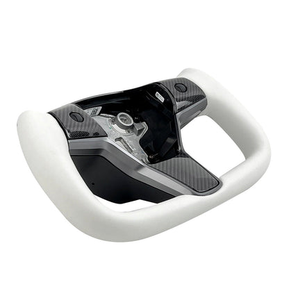 White leather yoke steering wheel for Tesla Model 3 Y, style 7, featuring a sleek design and premium craftsmanship.