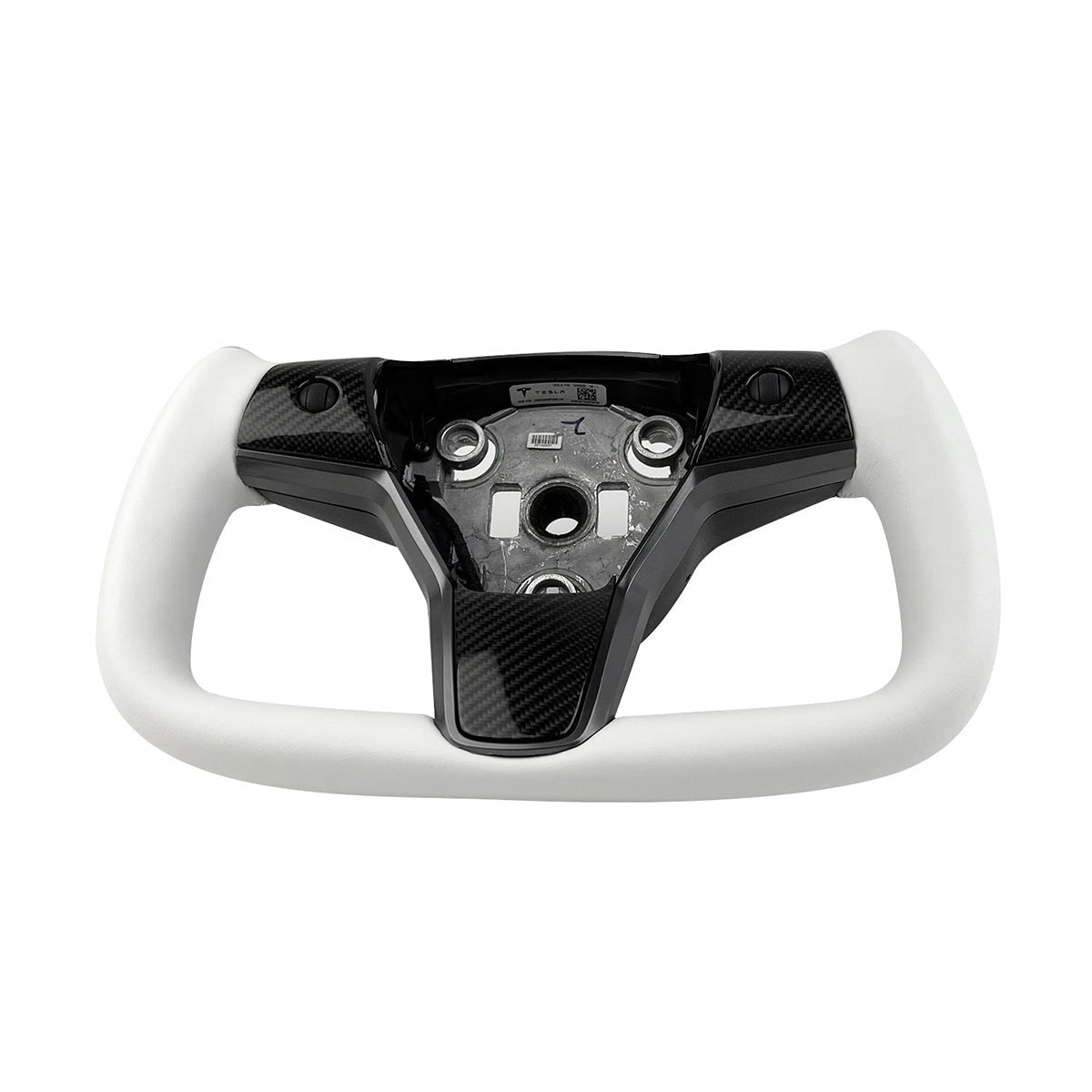 White leather yoke steering wheel for Tesla Model 3 and Y, stylish and premium automotive upgrade from Tesery.