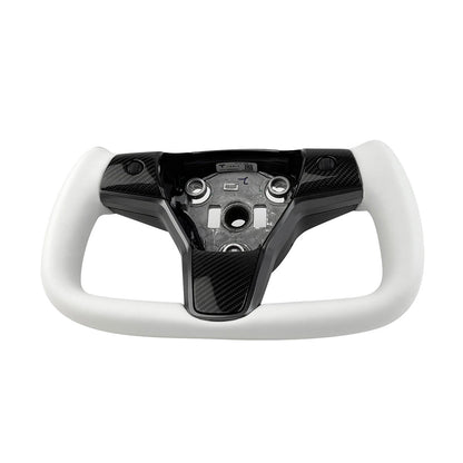 White leather yoke steering wheel for Tesla Model 3 and Y, stylish and premium automotive upgrade from Tesery.