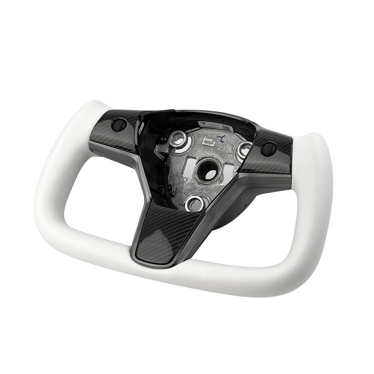 White leather yoke steering wheel for Tesla Model 3 and Y, style 7, with black accents and ergonomic design.