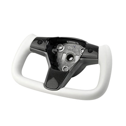 White leather yoke steering wheel for Tesla Model 3 and Y, style 7, with black accents and ergonomic design.