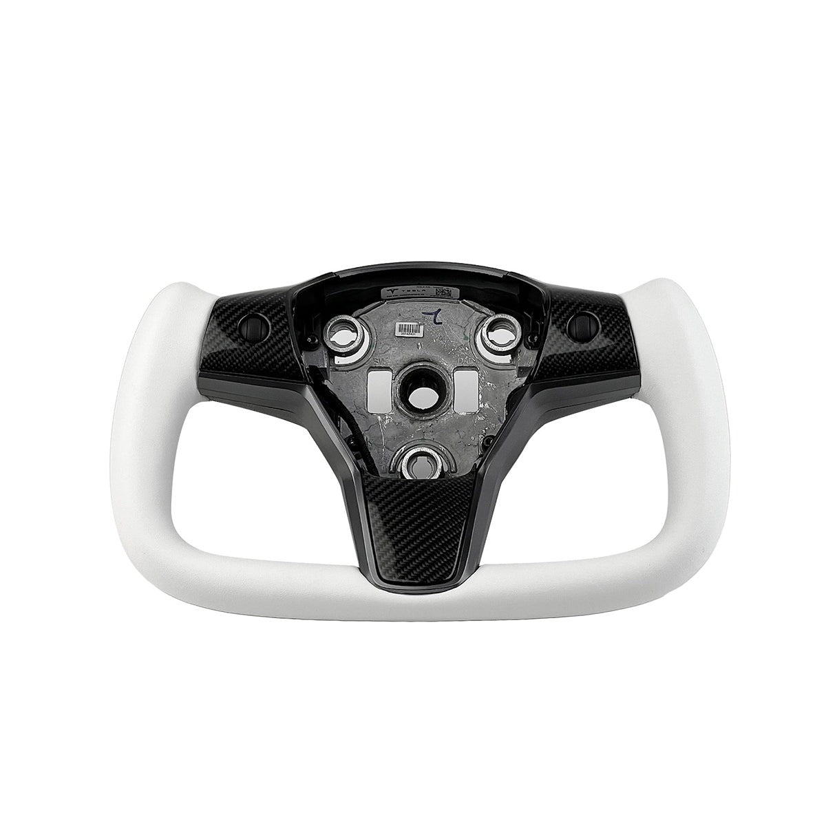 White leather yoke steering wheel for Tesla Model 3 and Y, stylish upgrade with premium finish, shown from the front angle.