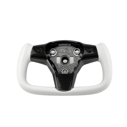 White leather yoke steering wheel for Tesla Model 3 and Y, stylish upgrade with premium finish, shown from the front angle.