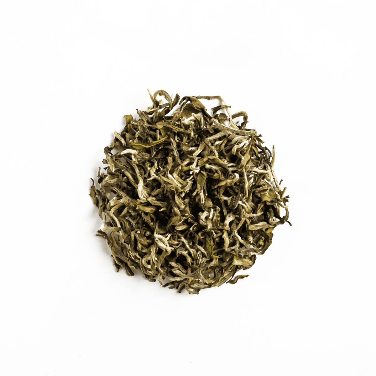 Organic White Prakash tea by Nepal Tea, showing fresh, white tea leaves in a natural, appealing arrangement