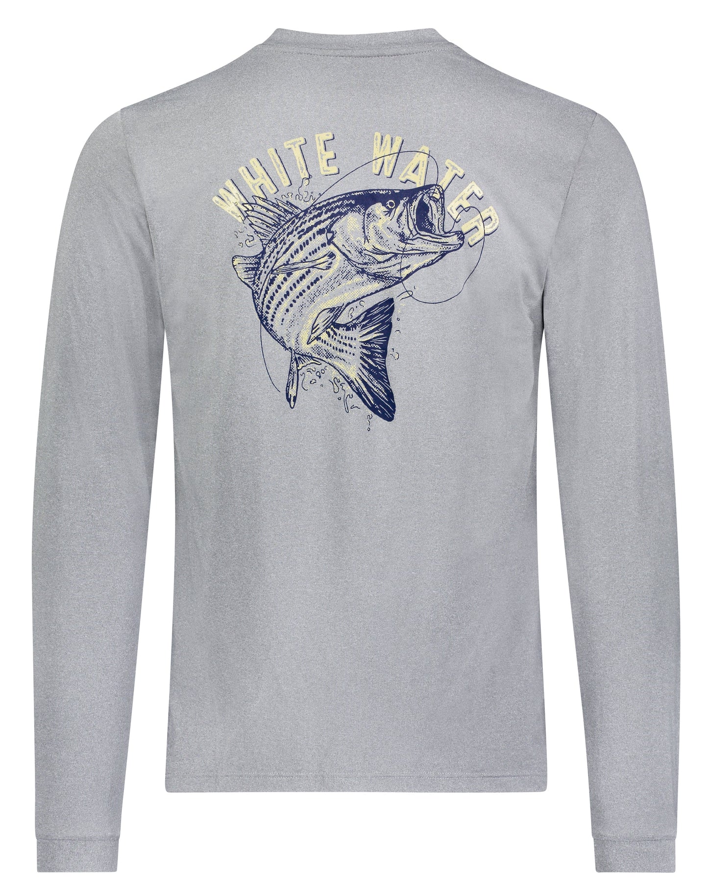 White Water Life Bass Graphic Performance Tee with long sleeves, featuring a bass fish design on the front.