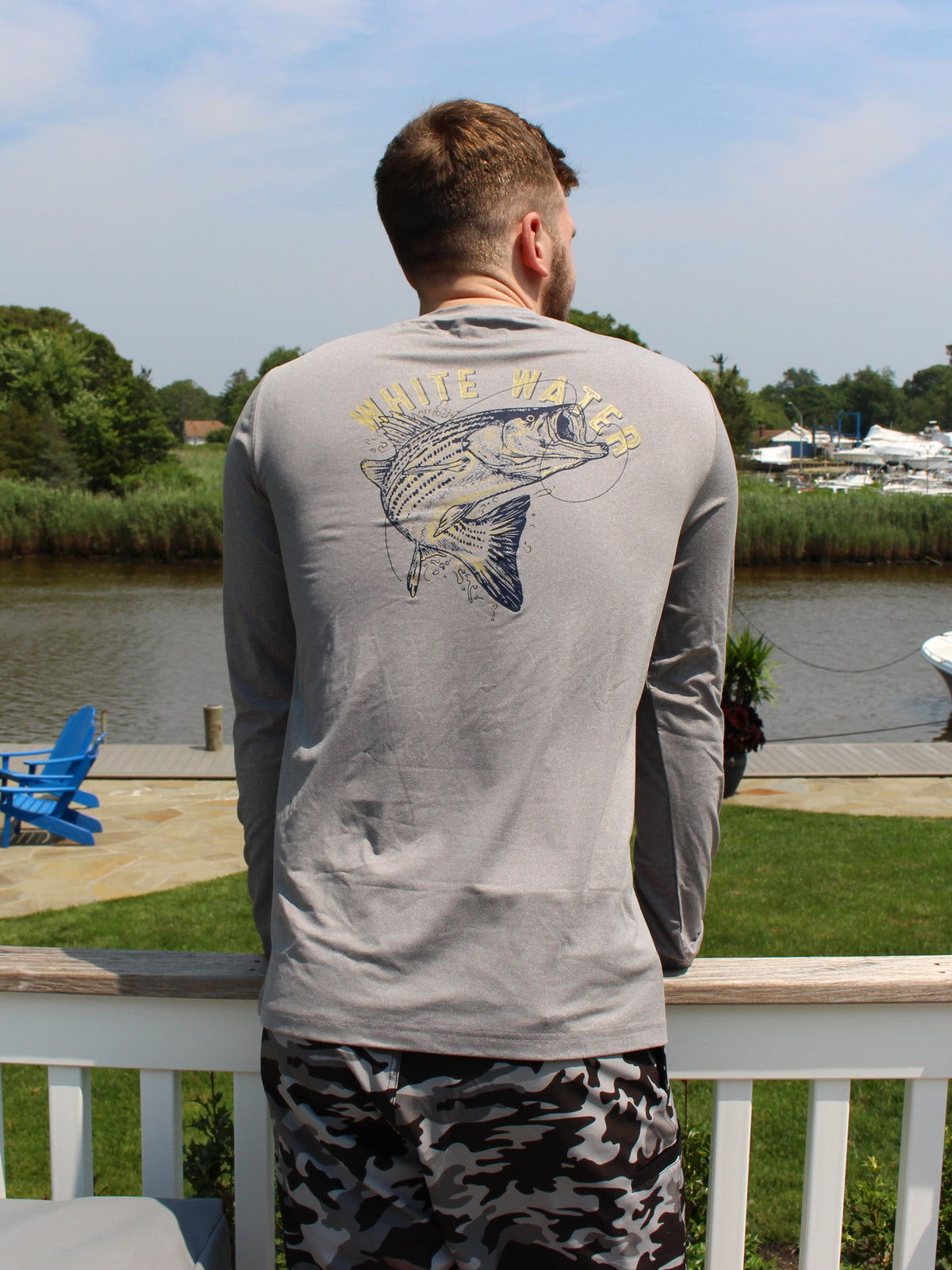 Grey long sleeve Bass Graphic Performance Tee by White Water Life featuring a bass fish graphic on the front.