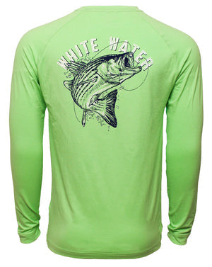 White Water Life Bass Graphic Performance Tee long sleeve shirt with bass artwork on black fabric.