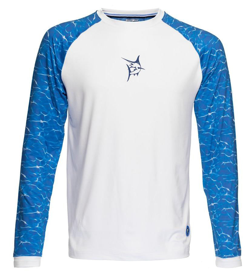 White Water Life CanyonFlex long sleeve shirt displayed on a hanger, showcasing its lightweight, breathable fabric and relaxed fit.