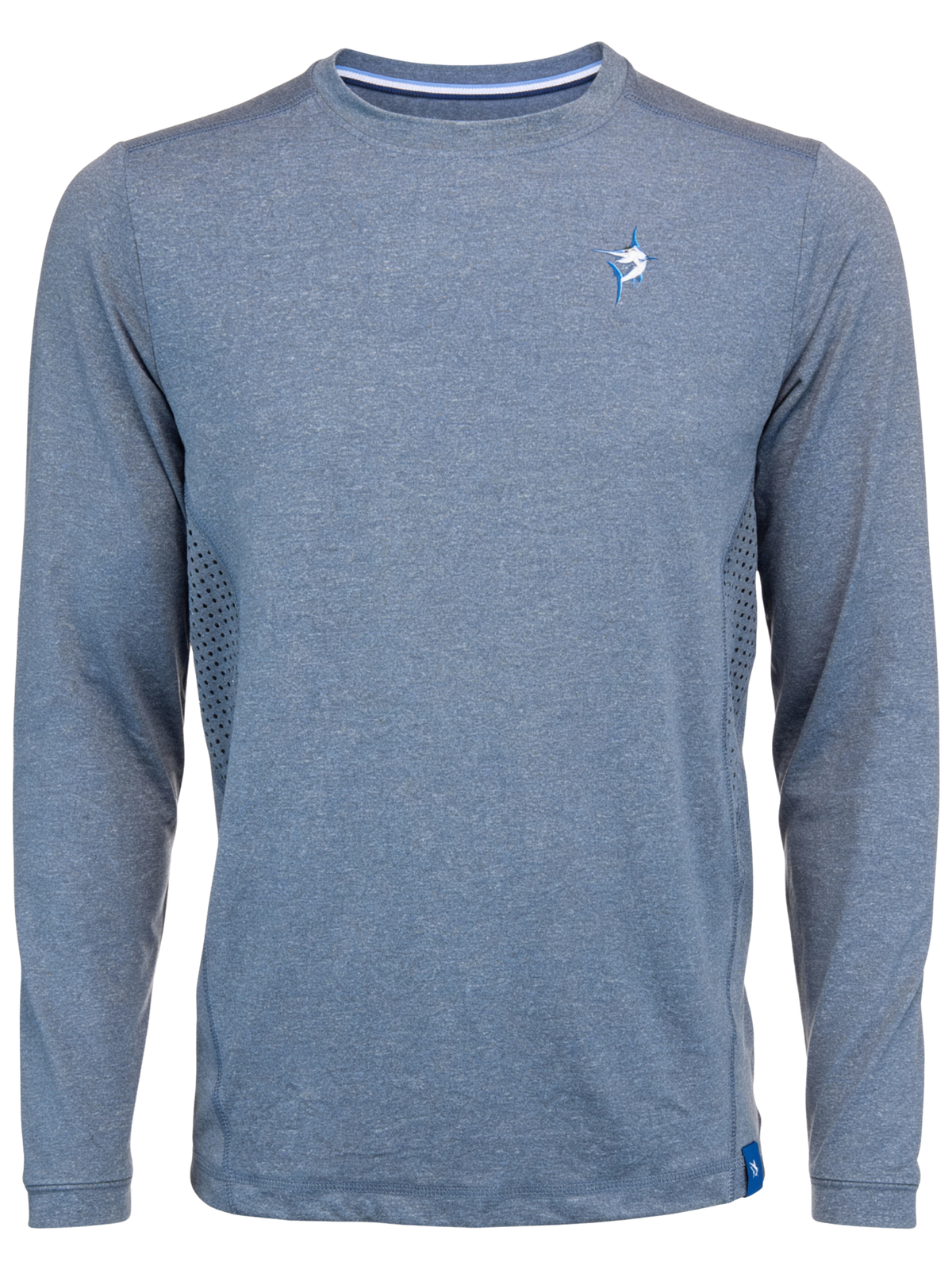 White Water Life Grander Performance long sleeve tee in Baltic Blue, shown on a dockside setting.
