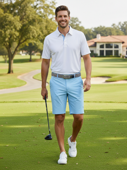 Navy and white braided Waterline belt from White Water Life with a metal buckle, styled on a plain background.