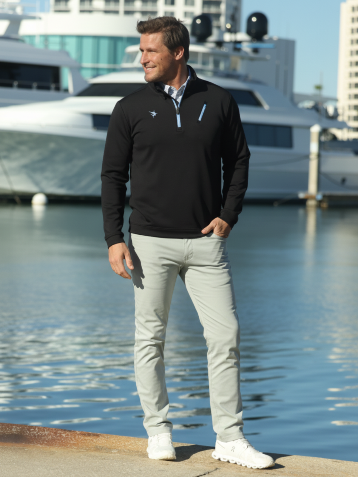 Gray Seaport Pants by White Water Life shown with a relaxed fit and durable fabric, ideal for outdoor adventures.